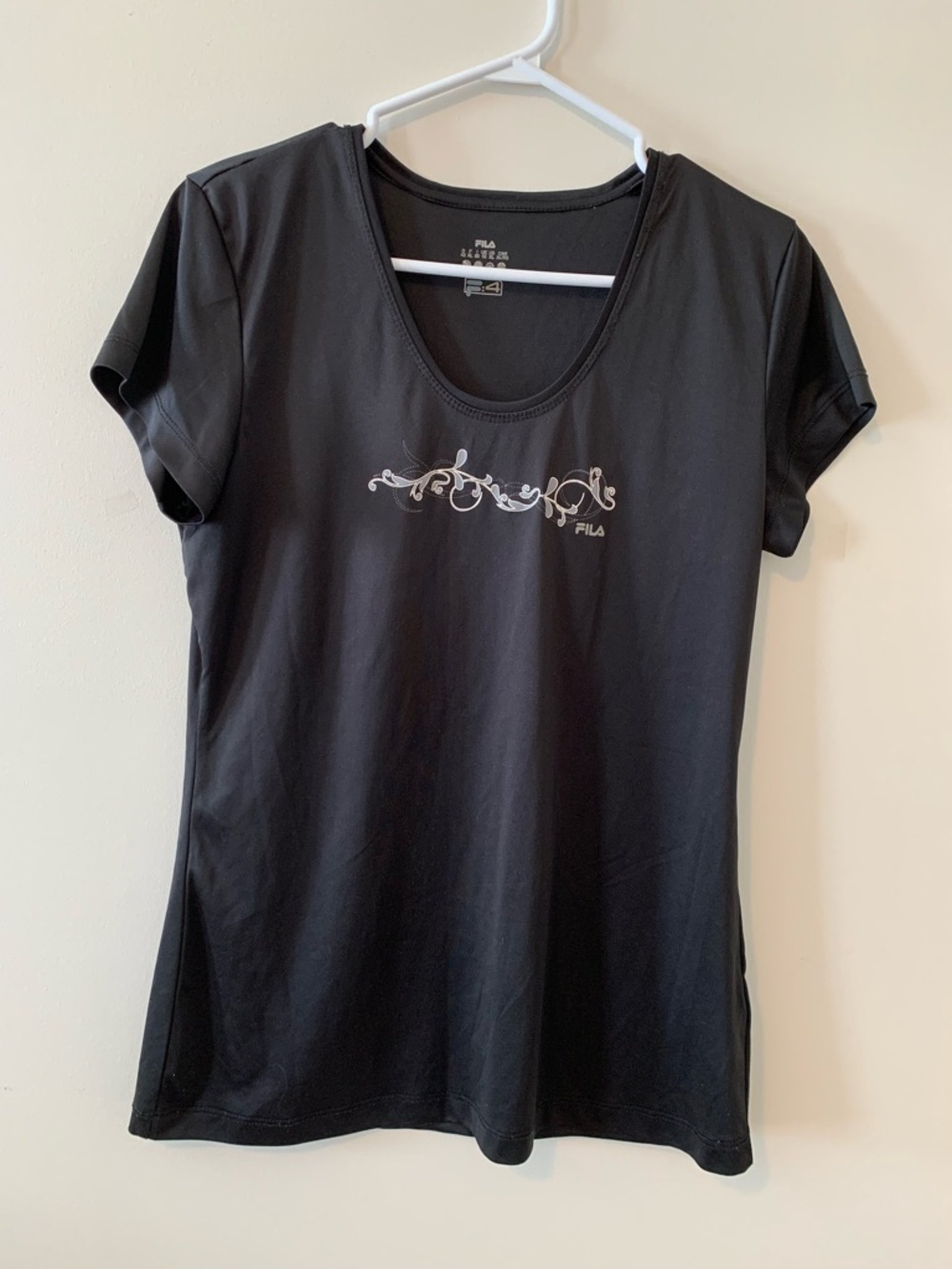 FILA Women's Black Short-Sleeve Tee with Silver Floral Scroll